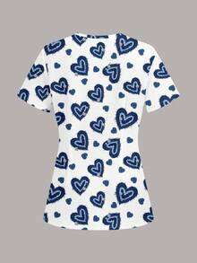 PopScrub Women's Uniform Top, Denim Effect Heart Print Pattern, Suitable For Pet Hospital - Multicolor - View 2