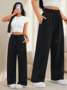 SHEIN PETITE 2026女款春夏黑色復古美式風腰帶繫帶長褲，適合通勤、派對、休閒穿著及其他場合 - 黑色 - 查看 1