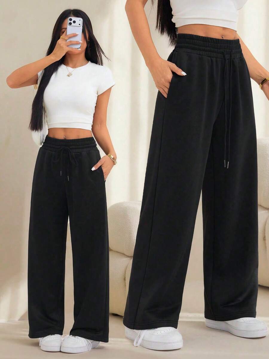 SHEIN PETITE 2026女款春夏黑色復古美式風腰帶繫帶長褲,適合通勤、派對、休閒穿著及其他場合 - 黑色 - 查看 1