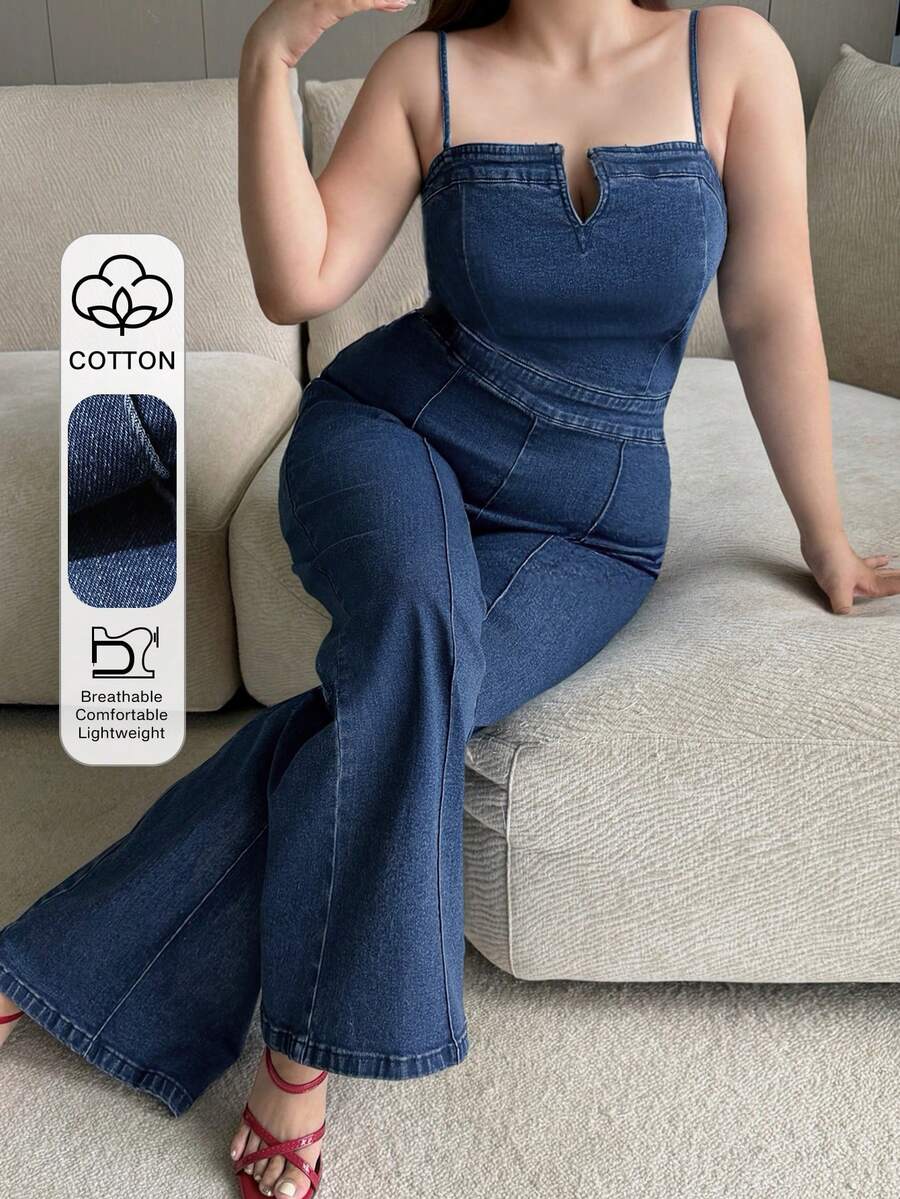 Dazy Plus Jumpsuit Denim Wanita Ukuran Besar Model Pas Badan dengan Tali Bahu Tipis, Warna Biru Tua Gaya Kasual Musim Semi/Panas - Dark Wash - View 1
