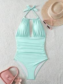 SHEIN Swim 女款夏季海灘素色抓皺性感掛脖式一件式泳衣 - 綠色 - 查看 3