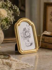 Cirelle 1pc Vintage Baroque Photo Frame, Ornate Gold Arch Picture Frame, Antique Elegant Desk Top Display Frames For Home Decor, Wedding - Curved door photo frame - View 1