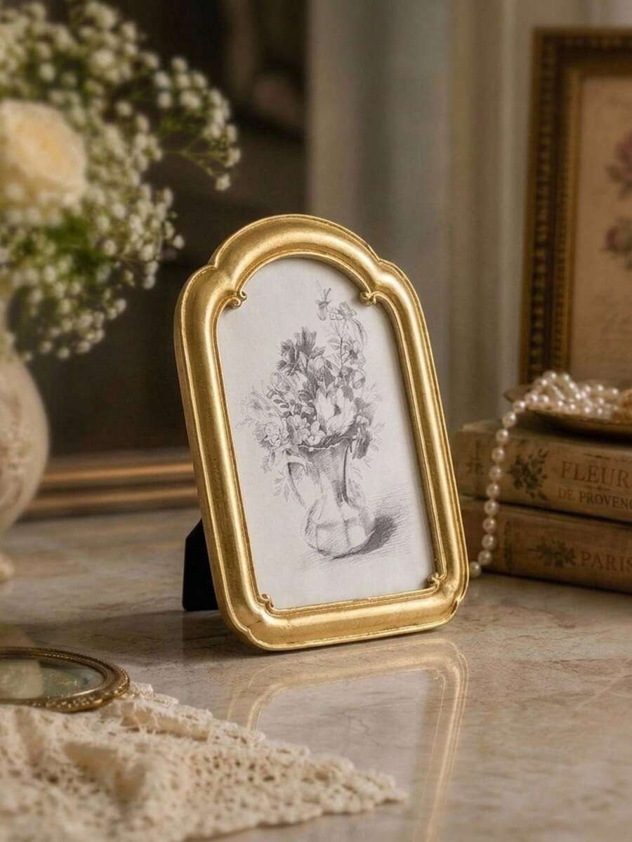 Cirelle 1pc Vintage Baroque Photo Frame, Ornate Gold Arch Picture Frame, Antique Elegant Desk Top Display Frames For Home Decor, Wedding - Curved door photo frame - View 1