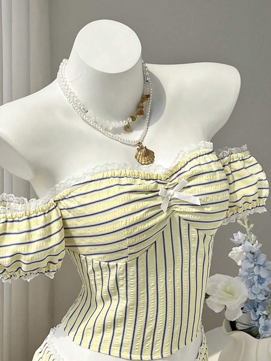 Elamini Women's Lace Trim Striped Patchwork Off-Shoulder Butterfly Top And Bow Decor Shorts Casual Daily 2-Piece Set - Blue - View 1