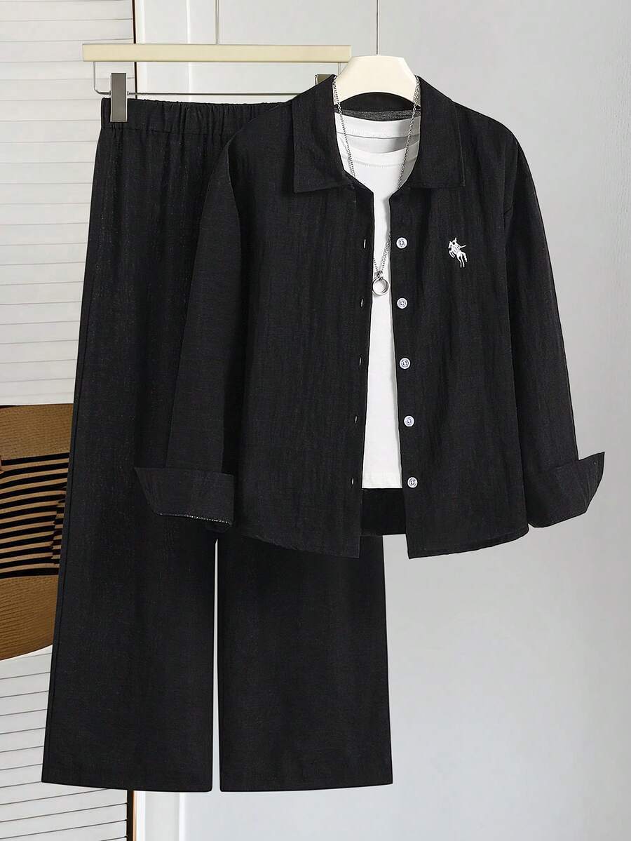 Tween Girls Solid Color Loose Fit Long Sleeve Shirt With Chest Print And Pants Set - Black - View 1