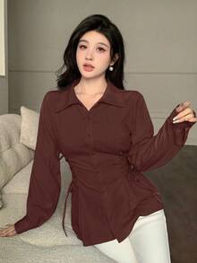 Modelyn 純色單排扣抽繩領時尚襯衫 - 紅色 - 查看 2