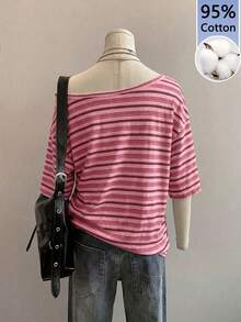 SHEIN EZwear 休閒極簡印花落肩短袖寬鬆女款T恤，玫瑰粉條紋T恤，日常百搭派對聚會機場Y2K上衣，夏季出遊 - 白色 - 查看 2