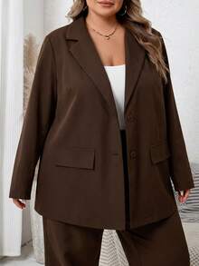 SHEIN CURVE+ Plus Size Casual Versatile Commute Solid Color Blazer - Brown - View 4