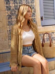 Vivid Eden Plus Size Women's Solid Color Drop Shoulder Long Sleeve Hollow Out Thin Cardigan Dates Formal Wedding Guest Vacation Beige Autumn Soft Bohemian Casual - Khaki - View 5