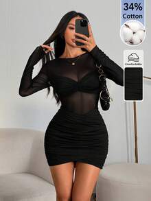 SHEIN PETITE 女款素色對比網格百褶性感迷你洋裝 - 黑色 - 查看 9