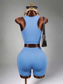 Mistrie Contrast Trim Crop Sports Workout Tank Tops Gym Top Fitted Shirt - Baby Blue - View 2