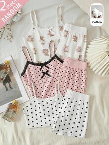 SHEIN Tween女孩蝴蝶結裝飾細肩帶上衣與短褲休閒日常套裝 - 紫色 - 查看 3