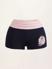 TOM & JERRY X SHEIN Women's Letter Cartoon Print Colorblock Casual Daily Base Shorts - Navy Blue - View 1