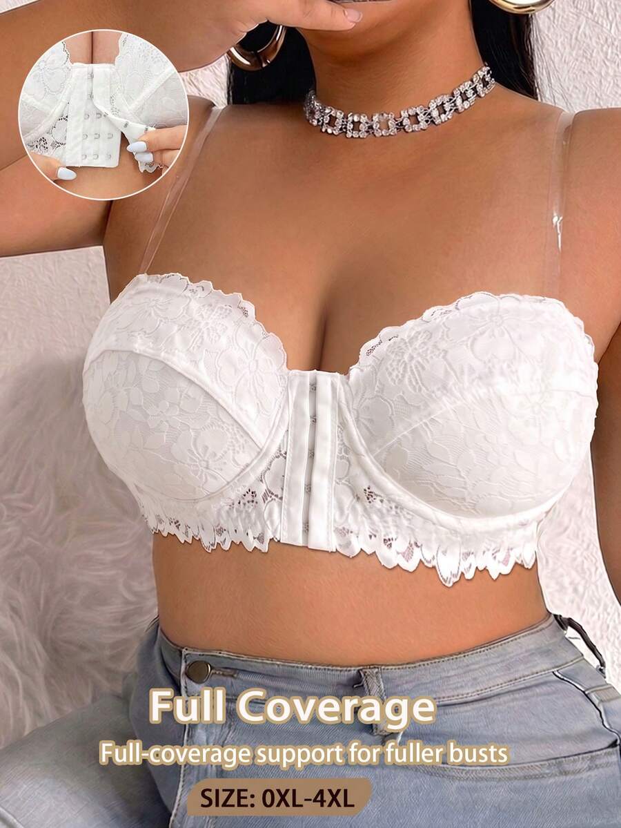 SHEIN 1件大尺碼蕾絲前扣鋼圈無肩帶胸罩 - 白色 - 查看 1