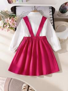 Young Girls Casual Turn-Down Collar Long Sleeve Shirt Fuchsia Suspender Waist-Cinching Dress 2-Piece Set Back To School Children's Autumn Outfit - White - View 2