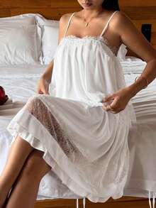 DAZY Romantic Vacation Contrast Color Lace Patchwork Layered Ruffle Strap Women's Nightgown - Beige - View 2
