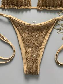 Costavie Swim MOD 女款兩件式性感比基尼泳衣套裝，春夏度假款，亮片紋理面料，掛脖三角比基尼上衣搭配側綁帶比基尼下褲 - 卡其色 - 查看 5