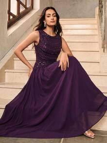 Anewsta Women's New Elegant Sequin Beaded Pleated Chiffon Waist-Cinching Dress, Suitable For Spring/Summer Daily Wear, Party, Evening Dress, Outing, Purple - Purple - View 2