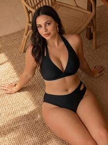 Oceva Plus Size Solid Color Cutout Halter Tie Sexy Bikini Two Pieces Swimsuit Set Beach Vacation Black Summer - Black - View 3