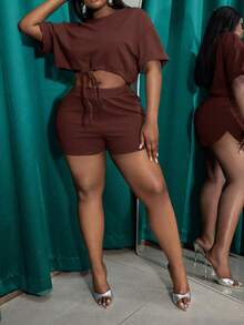 Slaydiva Slayr Plus Casual Solid Color Fitted Drawstring Split Hem Women's Plus Size Two Pieces Set, Outfits, Set, Summer, Two Pieces - Brown - View 4