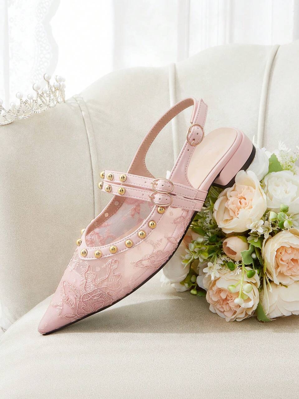 CUCCOO HITCHD Women Mesh Floral Embroidery Lace Slingback Flats, Gold Metal Stud Double Adjustable Buckle Strap Pointed Toe Backless Elegant Walking Shoes