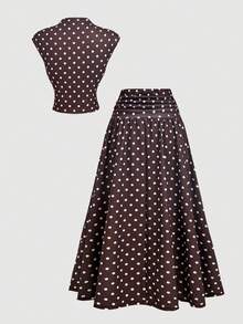 SHEIN MOD 女款波點印花立領短袖上衣與裙子兩件套 - 棕色 - 查看 5