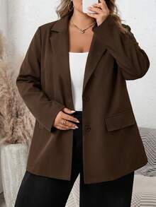 SHEIN CURVE+ Plus Size Casual Versatile Commute Solid Color Blazer - Brown - View 5