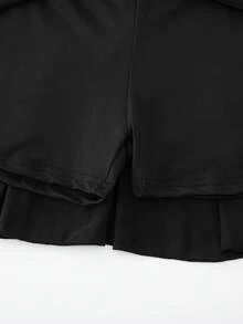 Long Sleeve Square Neck Tween Girl Sports Skirt Set, Ruffle Backless Design, Multi-Layer Criss-Cross Hollow Tie Back, Autumn, Athletic Gym Dance Black - Black - View 9