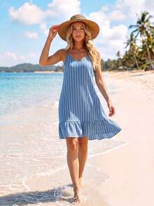 Sylviya Women's Printed Mini Ruffle Hem Cami Dress - Blue - View 5