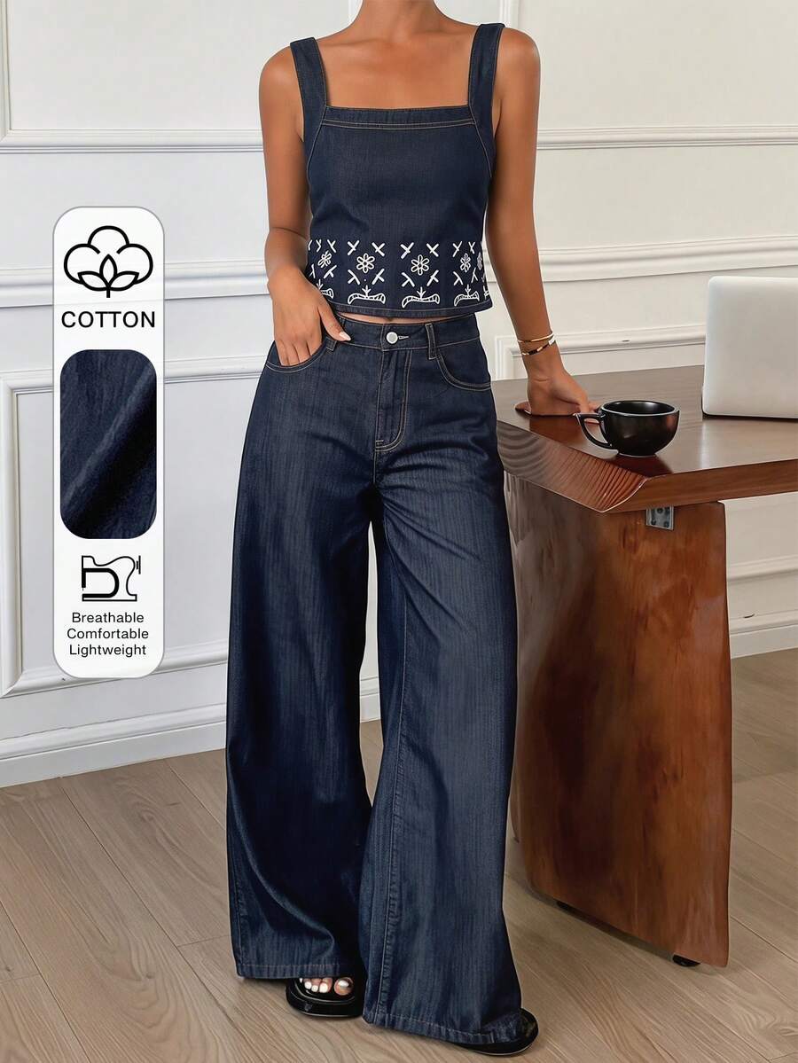 Livesso Summer Dark Blue Geometric Print Patchwork Denim Camisole Top Straight Leg Jeans Business Casual Retro Vintage 70s Streetwear Vacation Elegant Daytime - Black - View 1