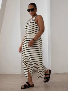 ELLERISSA Plus Size White & Black Stripe Round Neck Sleeveless Front Button Waffle Knit Midi Dress - Black and White - View 4
