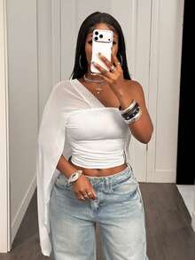 BamGleam Women's Autumn Fashion Asymmetric Cape Sleeve T-Shirt Club Night White Sexy - White - View 3