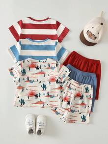 Cozy Pixies Baby Jungen 3-teiliges Set mit bunt gestreiftem Nomad-Stil, Kaktus-Sonnenaufgang-Wüstenmuster, weichem Strick-Pullover mit Rundhalsausschnitt und Kurzarm sowie Shorts mit elastischem Bund, lässig für den Urlaub - Verschiedenfarbig - Übersicht 2