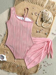 SHEIN 青少年女孩單肩海星裝飾細肩帶連身泳衣附側結遮蓋裙套裝 - 粉色 - 查看 2