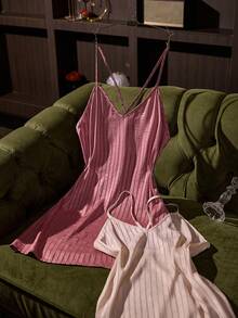 SilkySpell Two-Tone Faux Acetate Hollow Stripe Spaghetti Strap Criss-Cross Back Sexy Nightgown - Multicolor - View 3