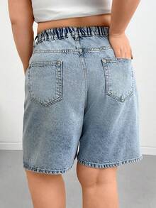 SHEIN Cottnline Pleated High Waist Woman's Plus Size Denim Short Washed Brown Casual Style Button Front - Medium Wash - View 2