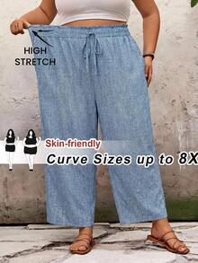 SHEIN CURVE+ Plus Size Women's High Waist Loose Flared Leg Solid Color Ruffle Summer Pants, ,Hoho Vacation - Blue - View 5