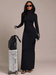 Hauture Women's Solid Color High Neck Long Sleeve Slim Fit Side Slit Hem Dress, Perfect For Summer Vacation, Traveling, Office, Holiday Party - Black - View 4