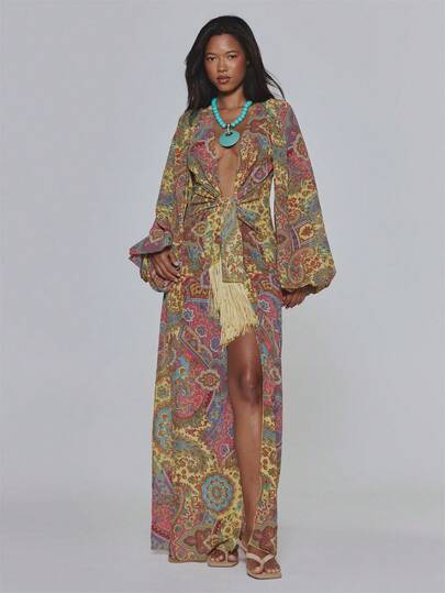MUSERA Mehrfarbiges Paisley-Muster Chiffon-Maxikleid mit tiefem Ausschnitt, Quasten und langen Ärmeln, süß und sexy, für Sommer, Urlaub und Ferien