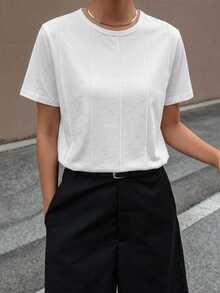 DAZY 夏季拼接白色打底上衣休閒基礎款寬鬆度假短袖女款T恤日常上學穿搭 - 白色 - 查看 2