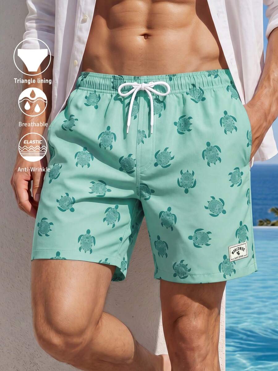 Manfinity VDAYZ Men's Turtle Print Beach Shorts, Holiday - Mint Green - View 1