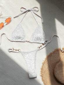 Swim SXY Bañador bikini triángulo halter vinculado con cadena - Blanco - Ver 2