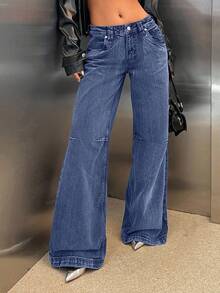 EURMUSE RueChic Low Waist Wide Leg Washed Denim Jeans - Dusty Blue - View 9
