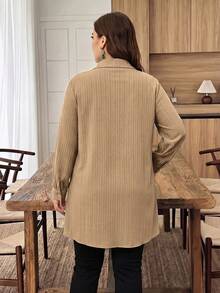 Lacomfia Plus Size Solid Color Long Sleeve Textured Fabric Casual Commute Embroidered Pony Long Shirt - Khaki - View 2