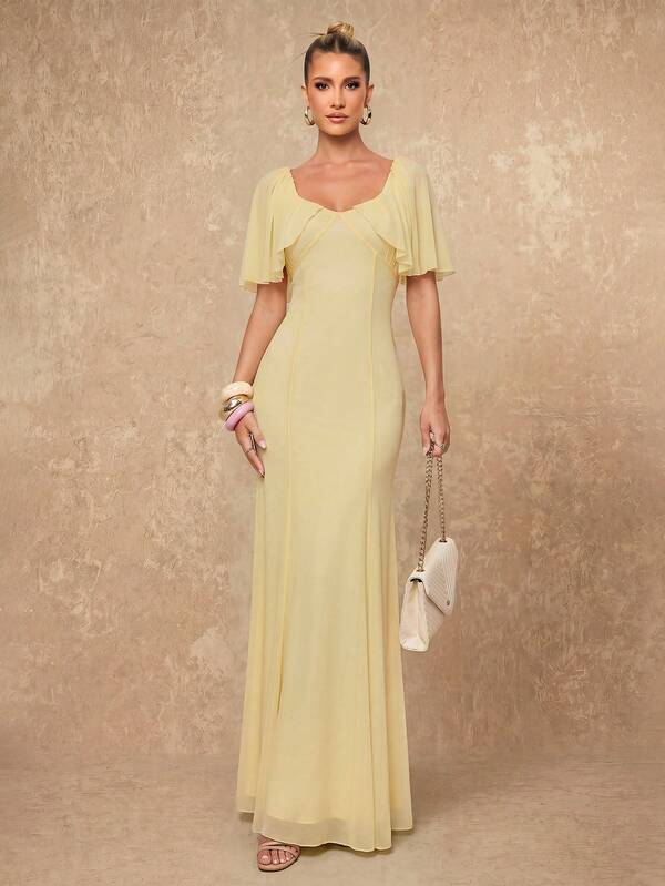 Lumalex Butter Yellow Maxi Dress With Scoop Neck Layered Flutter Sleeves Princess Seam Fitted Bodice Flared Hem Soft Stretch Fabric Elegant LuxuryOccasion