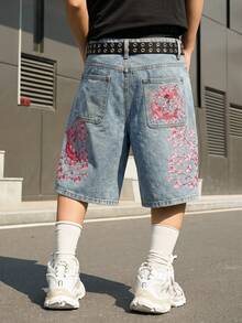 Manfinity EMRG 男士街頭風休閒刺繡藍色牛仔短褲 - 淺色水洗藍 - 查看 4