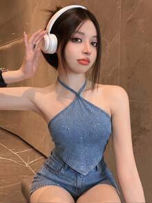 DAZY 夏季水鑽休閒度假海灘性感細肩帶上衣與牛仔短褲兩件套女裝淺藍色 - 藍色 - 查看 5