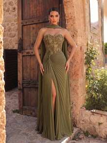 Glamrae Elegant Luxury Olive Green Beaded Lace Satin Patchwork Strapless Sheer Skirt Pleated Mermaid Fishtail High Slit Train Formal Evening Gown For Date - Olive Green - View 3