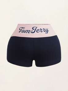 TOM & JERRY X SHEIN Women's Letter Cartoon Print Colorblock Casual Daily Base Shorts - Navy Blue - View 2