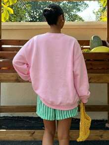 SHEIN EZwear 休閒圓領長袖寬鬆女款衛衣，粉色衛衣，龍蝦印花，度假，夏季，街頭風，適合日常通勤，約會，聚會，秋冬/夏季，派對，婚禮，海灘，畢業典禮，優雅，休閒，外出，Y2K，音樂節，假期，返校 - 粉色 - 查看 3